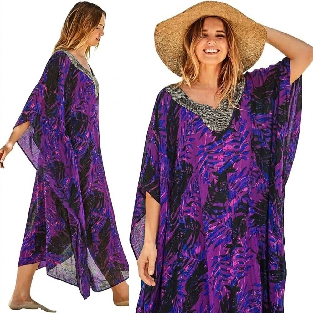 Women's 6X Plus Size 34/36 Maxi Dress Beach Swim Cover Up Kaftan Beaded Neckline